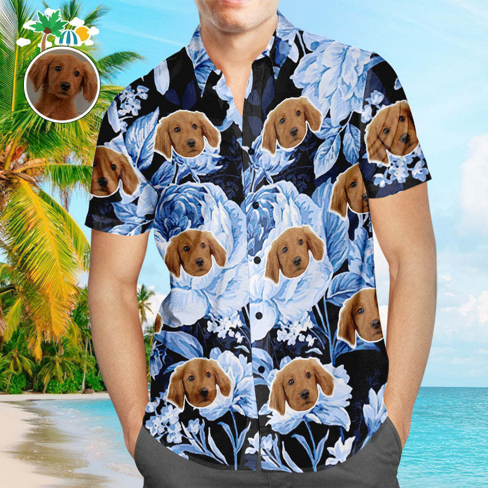 Custom Face Hawaiian Shirt Tropical Blue Retro Flower Men's Popular All Over Print Hawaiian Beach Shirt Holiday Gift - MyFaceSocksAu