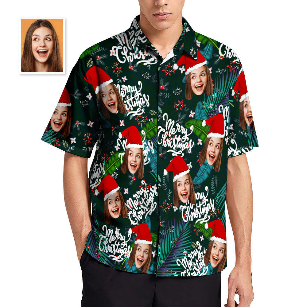 Custom Face Hawaiian Shirts Personalised Photo Gift Men's Christmas Shirts Flower and Leaves - MyFaceSocks