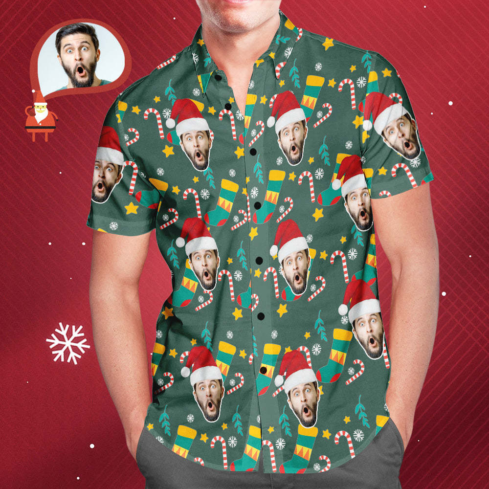 Men's Custom Face Wear Santa Hat Christmas Hawaiian Aloha Shirts Christmas Gift - MyFaceSocksAu