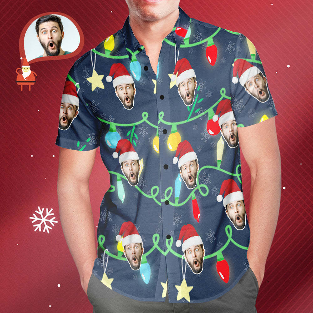 Custom Face Men's All Over Print Christmas Lights Hawaiian Shirt Christmas Gift - MyFaceSocksAu