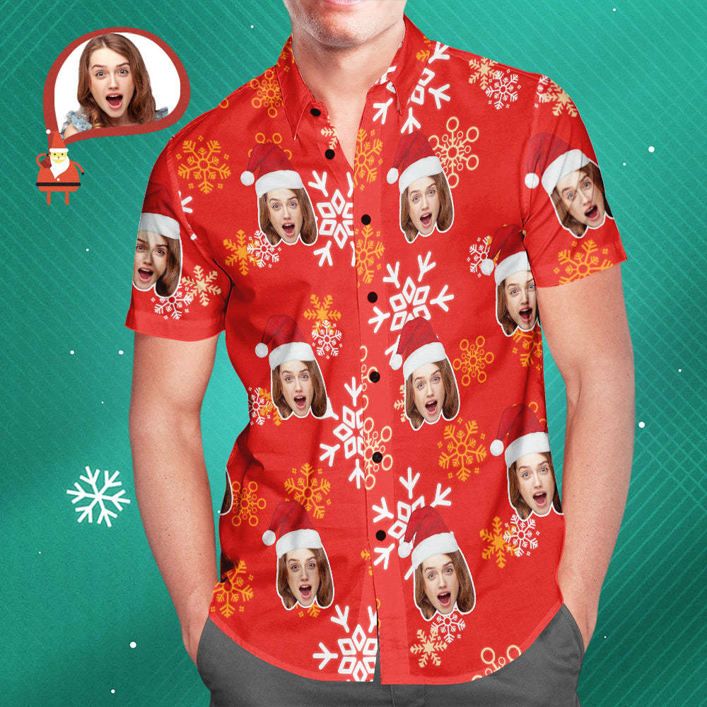 Custom Face Christmas Snowflake Men's Hawaiian Shirt Print Your Own Personalized Shirt for Him - MyFaceSocksAu