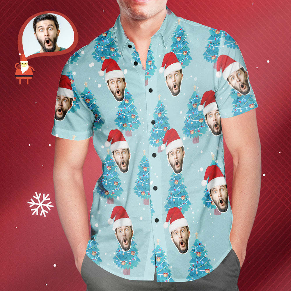 Custom Face All Over Print Blue Hawaiian Shirt Christmas Tree Style Gift for Him - MyFaceSocksAu