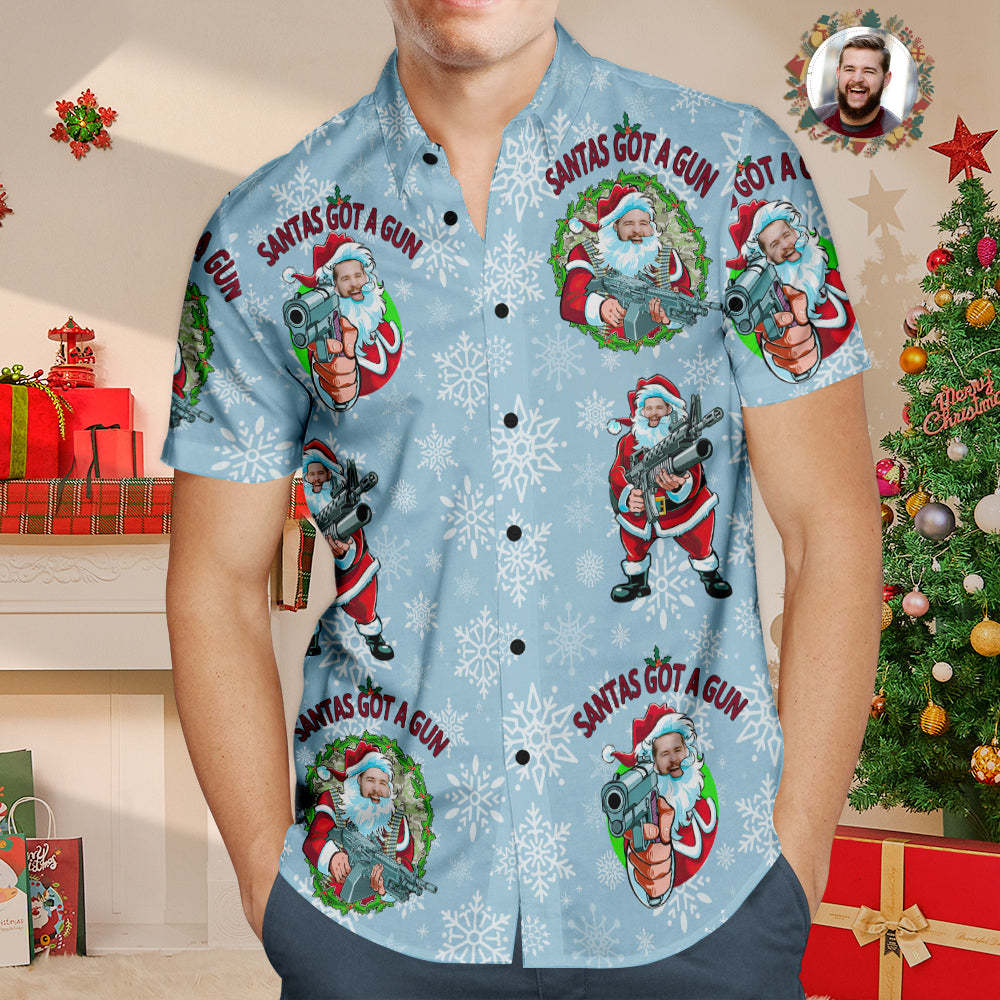 Custom Face Hawaiian Shirt Personalized Photo Funny Santa Claus Christmas Shirt With Machine Gun - MyFaceSocksAu