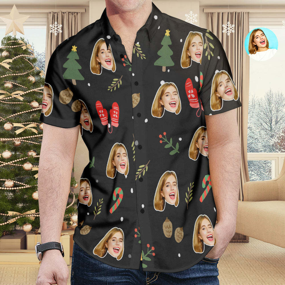 Custom Face All Over Print Christmas Hawaiian Shirt Christmas Gloves Crutch Shirt Gift for Him - MyFaceSocks