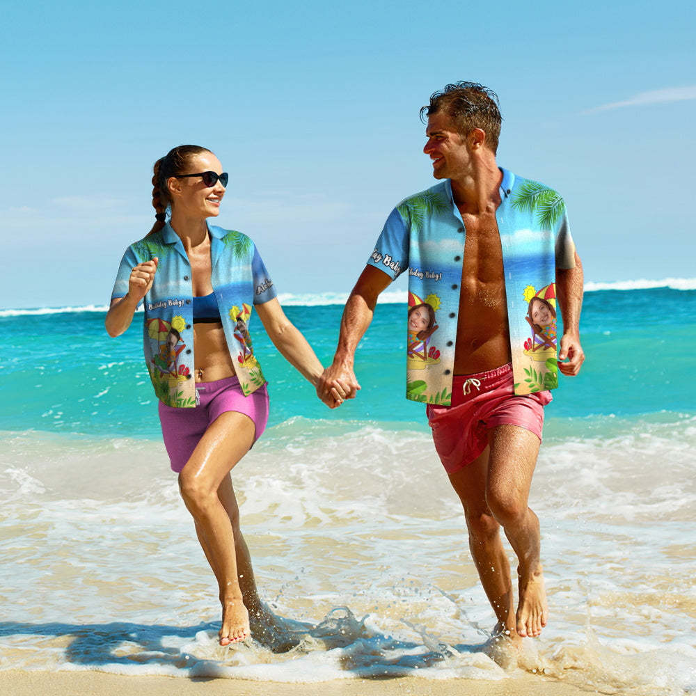 Custom Photo Hawaiian Shirt Couple Wears Personalised Face Hawaiian Shirt Birthday Baby - MyFaceSocksAu