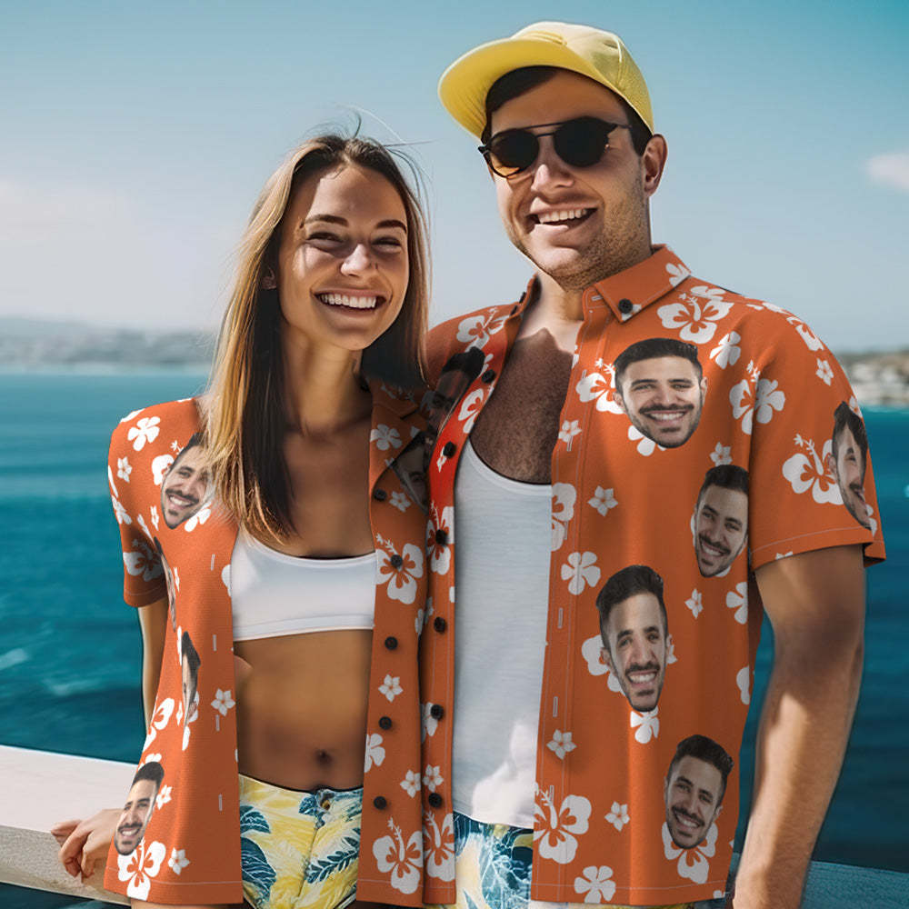 Custom Photo Hawaiian Shirt Beach Vacation Couple Wears Popular All Over Print Hawaiian Beach Shirt Holiday Gift