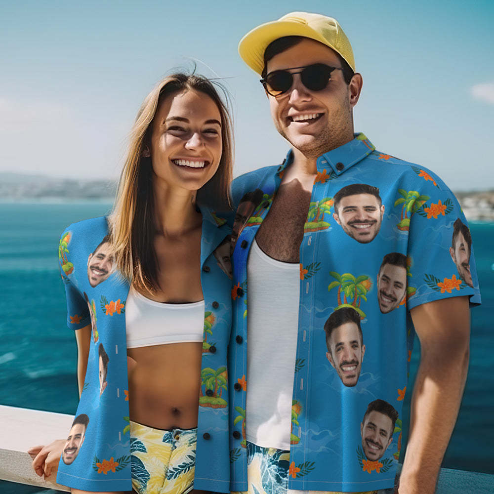 Custom Photo Hawaiian Shirt Beach Vacation Couple Wears Popular All Over Print Hawaiian Beach Shirt Holiday Gift