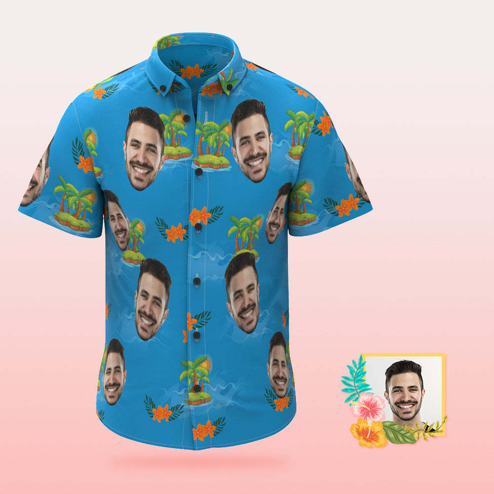 Custom Photo Hawaiian Shirt Beach Vacation Men's Popular All Over Print Hawaiian Beach Shirt Holiday Gift Blue - MyFaceSocksAu