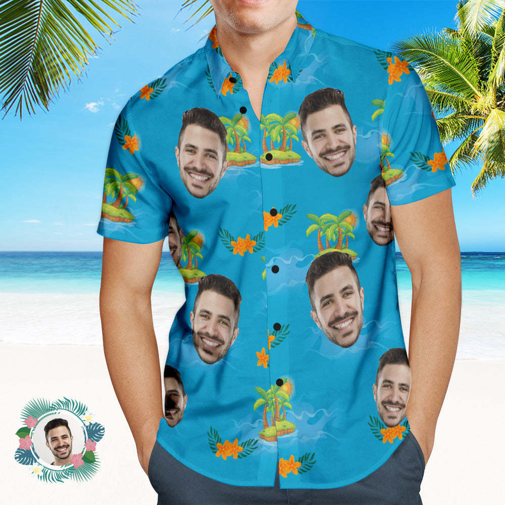 Custom Photo Hawaiian Shirt Beach Vacation Men's Popular All Over Print Hawaiian Beach Shirt Holiday Gift Blue - MyFaceSocksAu