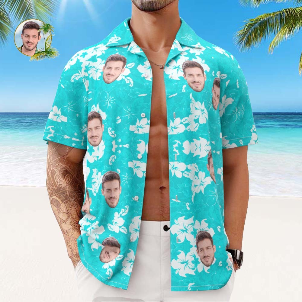Custom Face Hawaiian Shirt Men's All Over Print Aloha Shirt Gift - Blue - MyFaceSocksAu