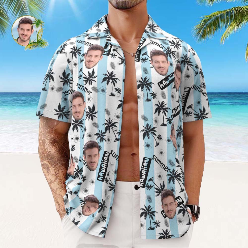 Custom Face Hawaiian Shirt Men's All Over Print Aloha Shirt Gift - Blue and White Striped - MyFaceSocksAu