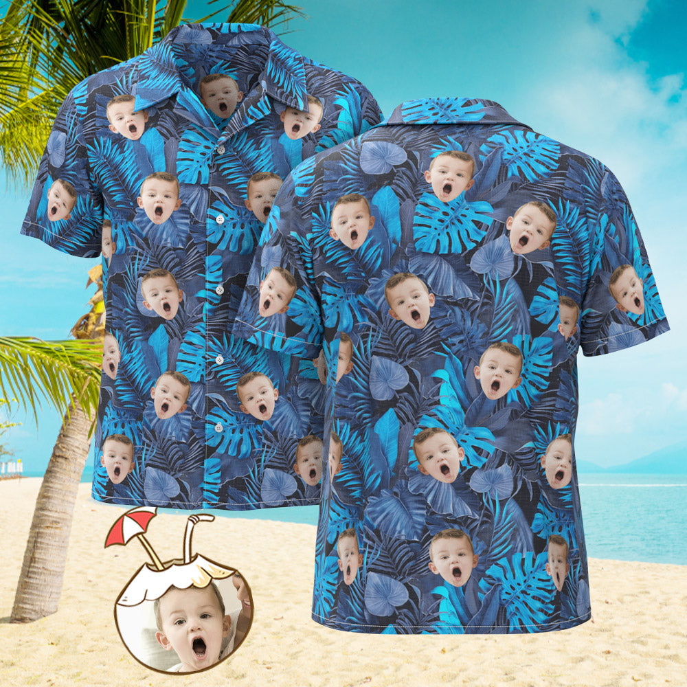 Custom Face All Over Print Hawaiian Shirt Flowers And Leaves Blue Beach Shirt