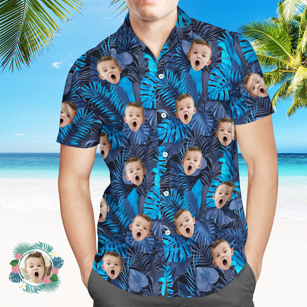 Custom Face All Over Print Hawaiian Shirt Flowers And Leaves Blue Beach Shirt