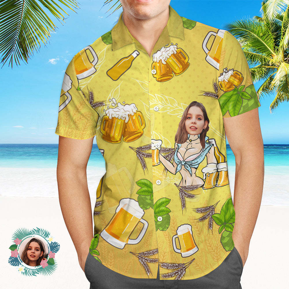 Custom Face Hawaiian Shirt Men's All Over Print Aloha Shirt Gift - Girl and Beer