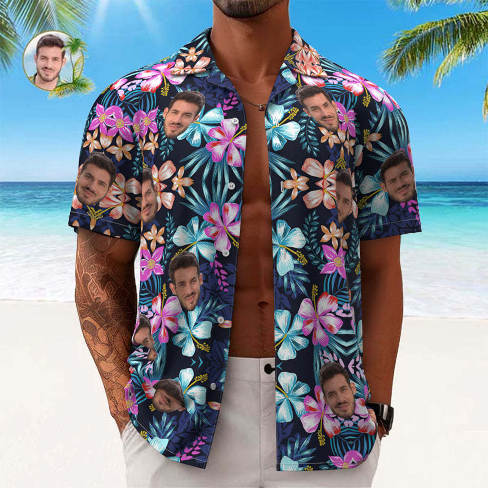 Custom Face Hawaiian Shirt Men's All Over Print Aloha Shirt Gift - Multicolored Flowers-MyFaceSocksAu