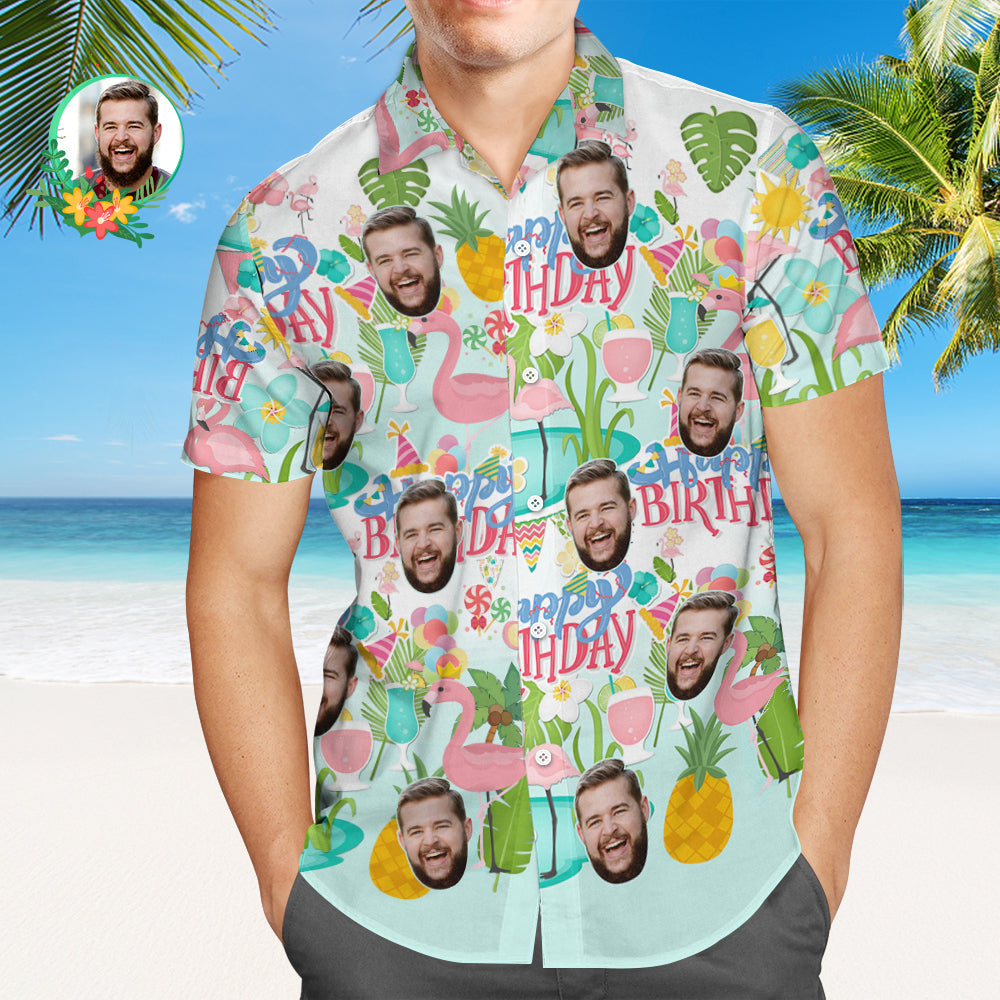 Custom Happy Birthday Hawaiian Shirt Flamingo Party Personalized Face Shirt