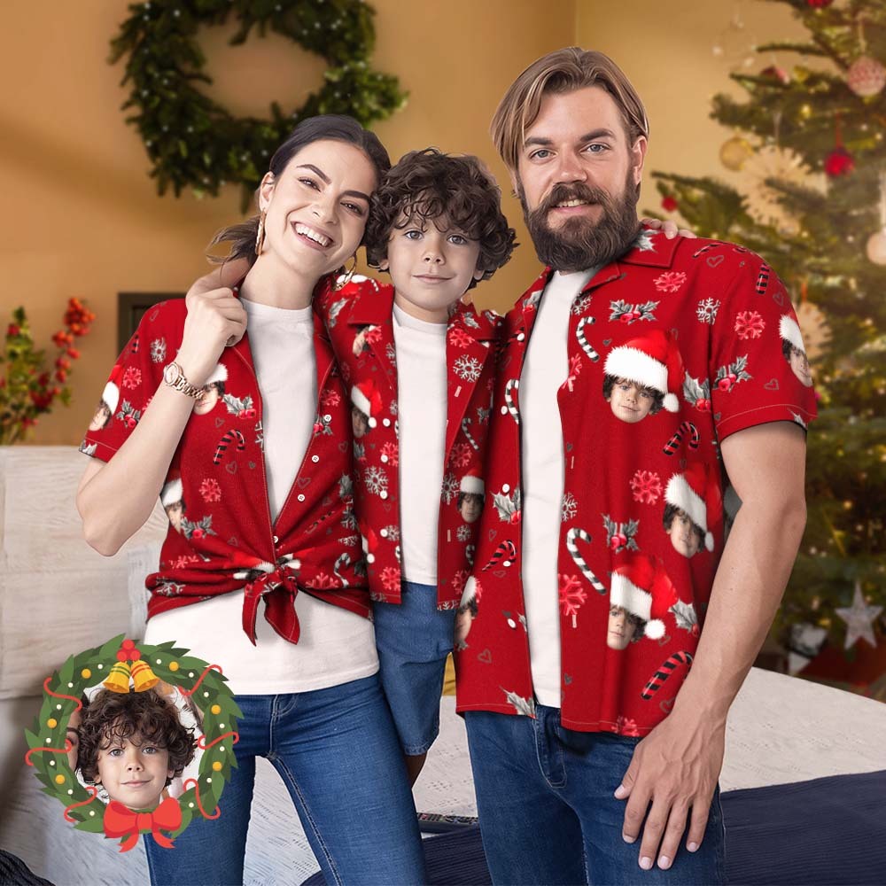 Custom Face Family Matching Hawaiian Outfit Christmas Pool Party Parent-child Wears - Christmas Shirts With Candy Canes For Family