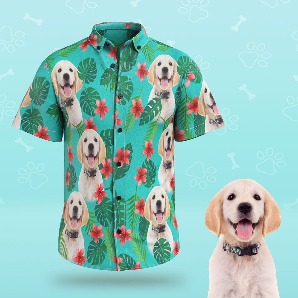 Custom Face Men Hawaiian Shirts Personalised Dog Face on a Hawaiian Shirt for Pet Lover - Green - MyFaceSocksAu