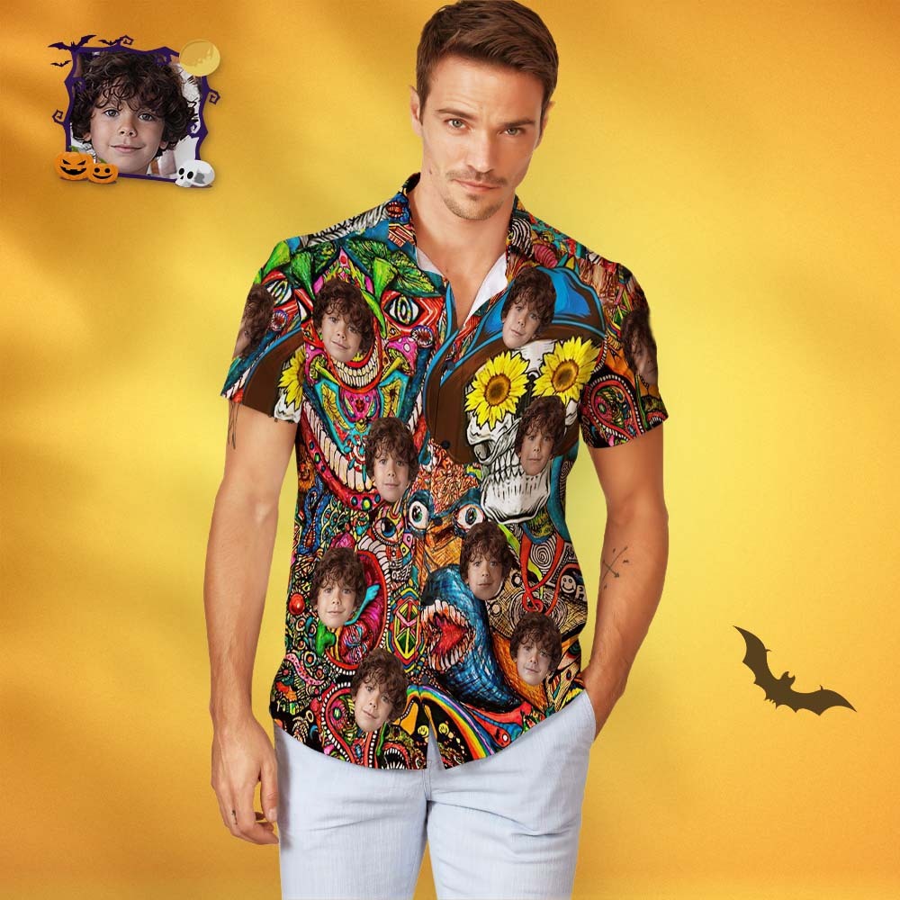 Men's Custom Face Halloween Hawaiian Shirt Skull Flower Print Personalized Hawaiian Shirt - MyFaceSocksAu