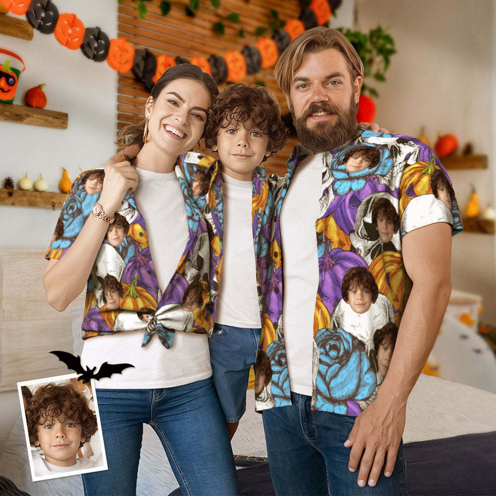 Custom Face Funny Pumpkin & Skull Print Family Matching Hawaiian Outfit - MyFaceSocksAu