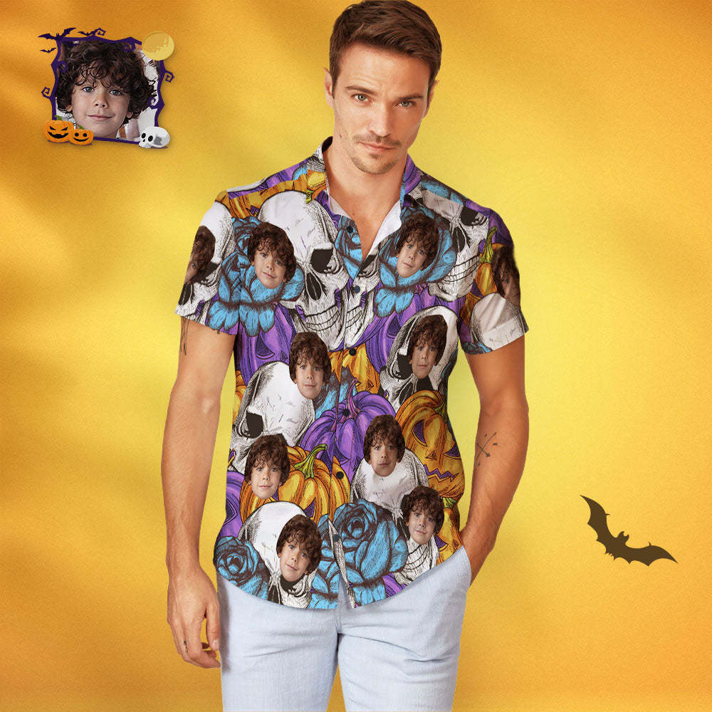 Men's Custom Face Funny Pumpkin & Skull Print Personalized Halloween Hawaiian Shirt - MyFaceSocksAu