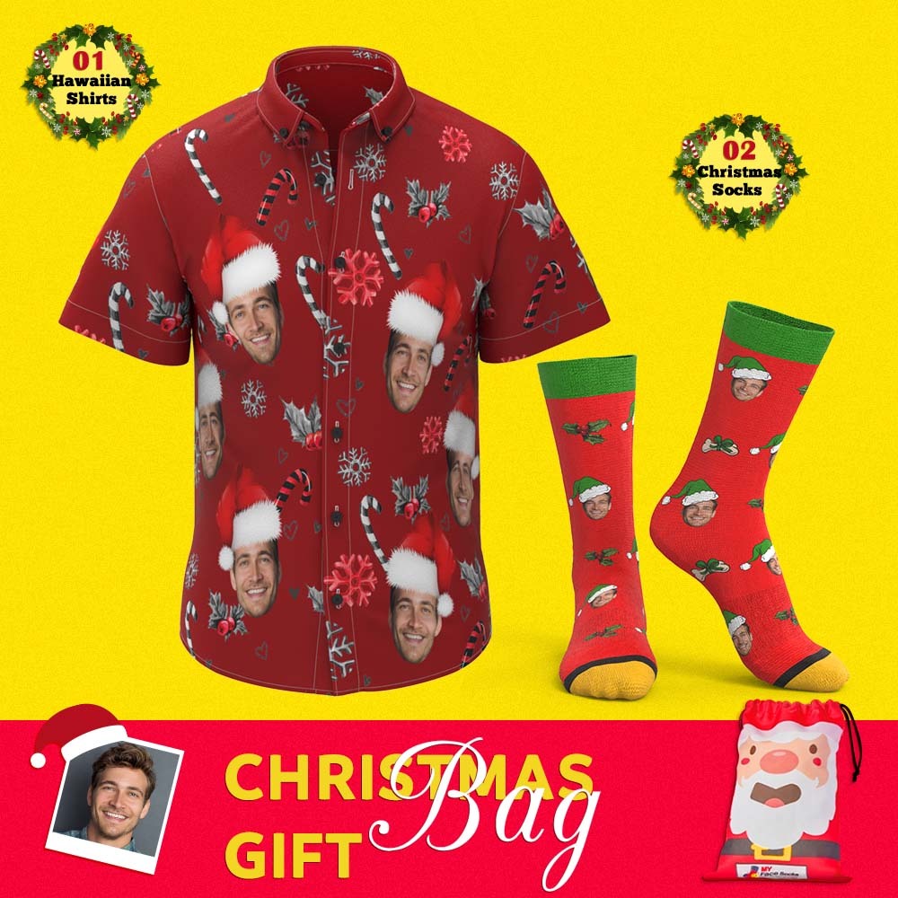Christmas Gift Bags Custom Face Hawaiian Shirts And Socks Set For Him