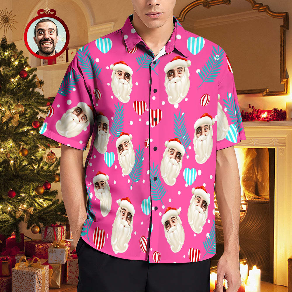 Custom Face Hawaiian Shirts Pink Christmas Men's Christmas Shirts Santa Claus - MyFaceSocksAu
