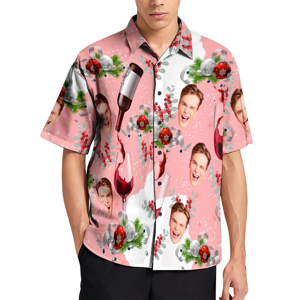 Custom Face Hawaiian Shirts Pink Christmas Men's Christmas Shirts A Glass Of Fine Wine - MyFaceSocksAu