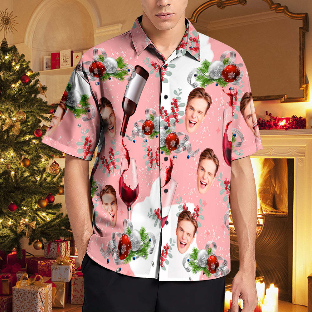 Custom Face Hawaiian Shirts Pink Christmas Men's Christmas Shirts A Glass Of Fine Wine - MyFaceSocksAu