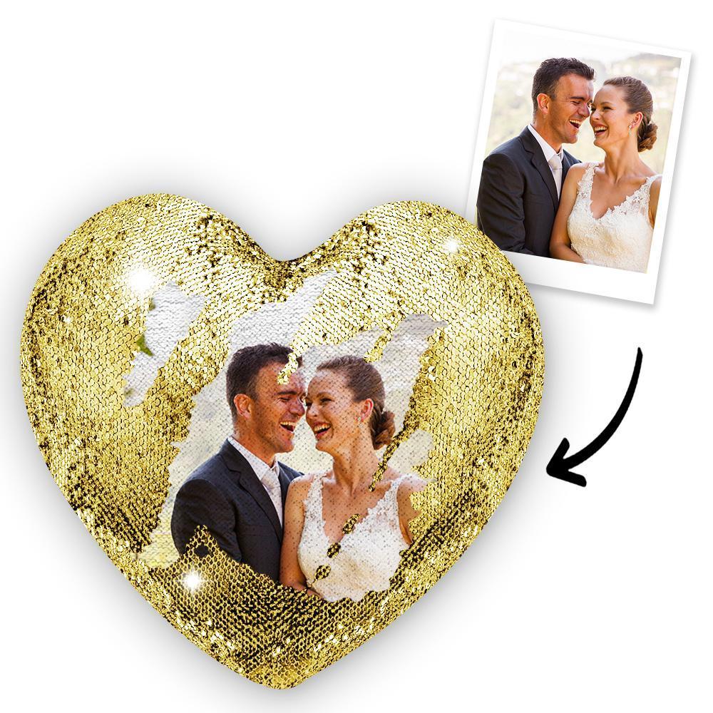 Custom Couple Photo Heart Magic Sequins Pillow Multicolor Sequin Cushion - MyFaceSocksAu