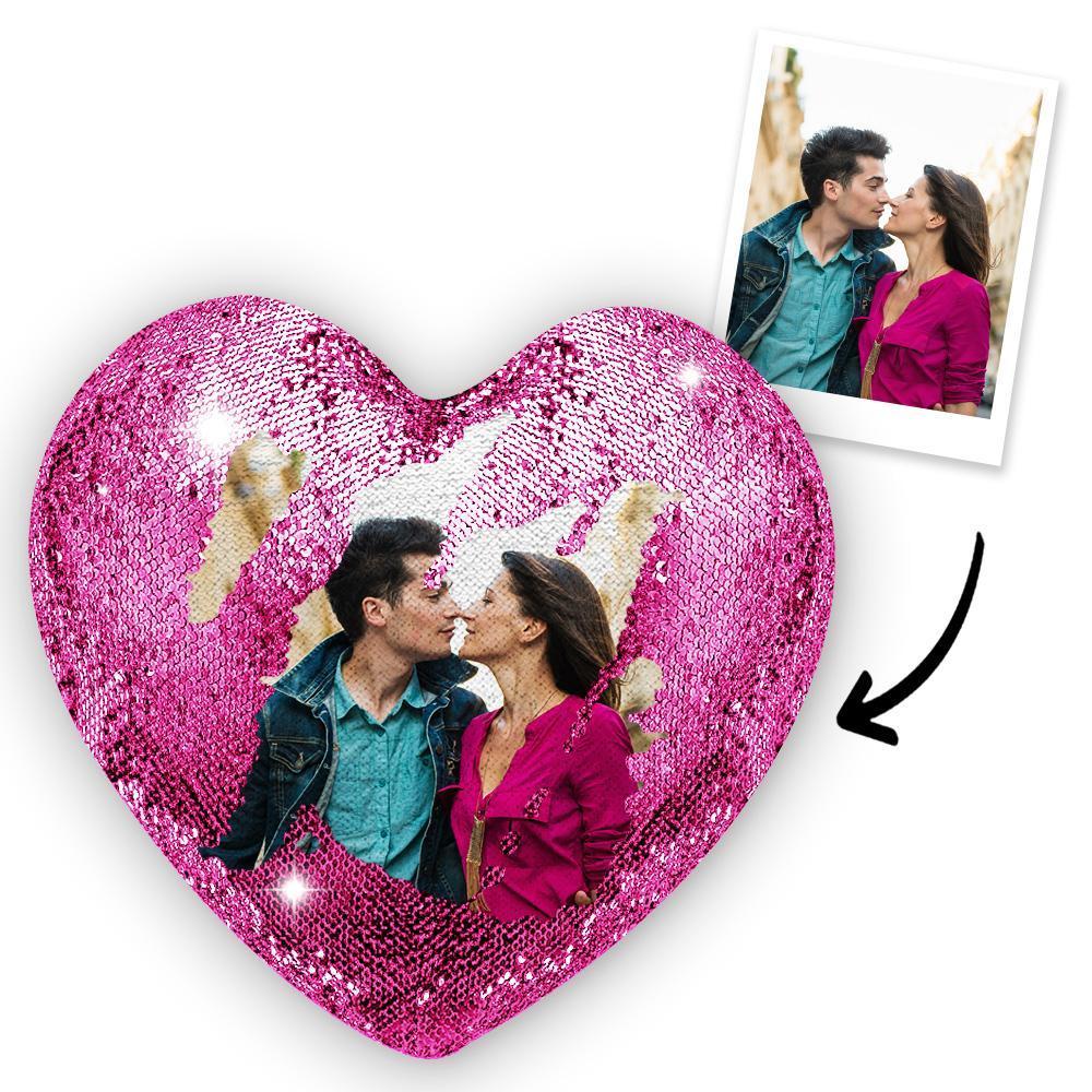 Custom Couple Photo Heart Magic Sequins Pillow Multicolor Sequin Cushion - MyFaceSocksAu