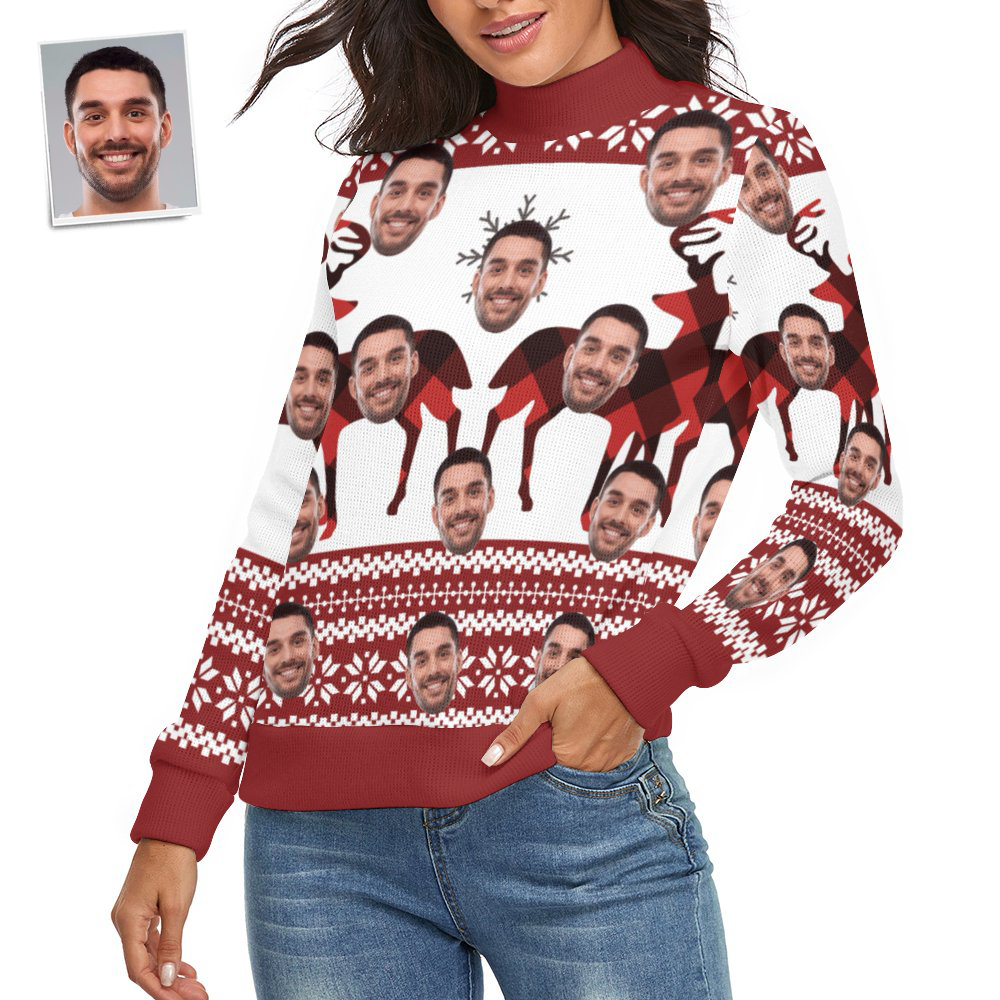 Custom Face Women Christmas Sweater Christmas Elk Spandex Comfortable - MyFaceSocksAu