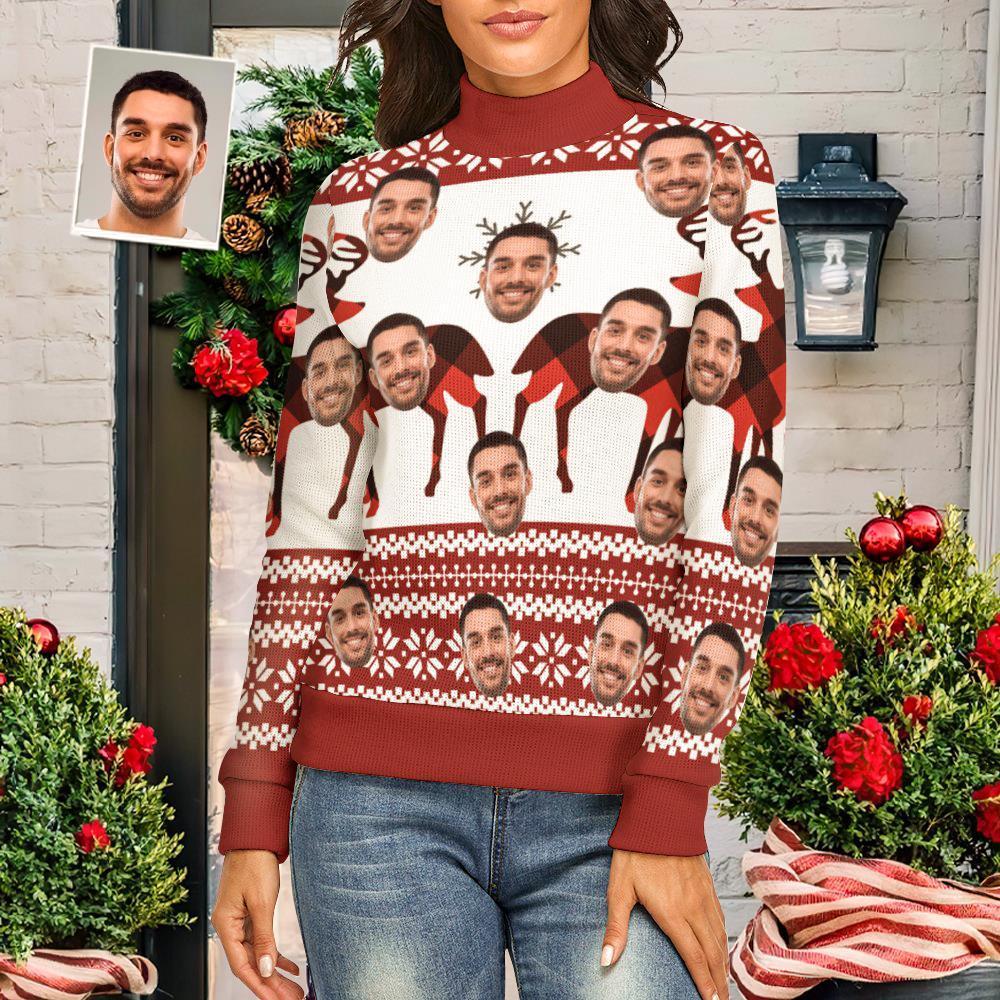 Custom Face Women Christmas Sweater Christmas Elk Spandex Comfortable - MyFaceSocksAu