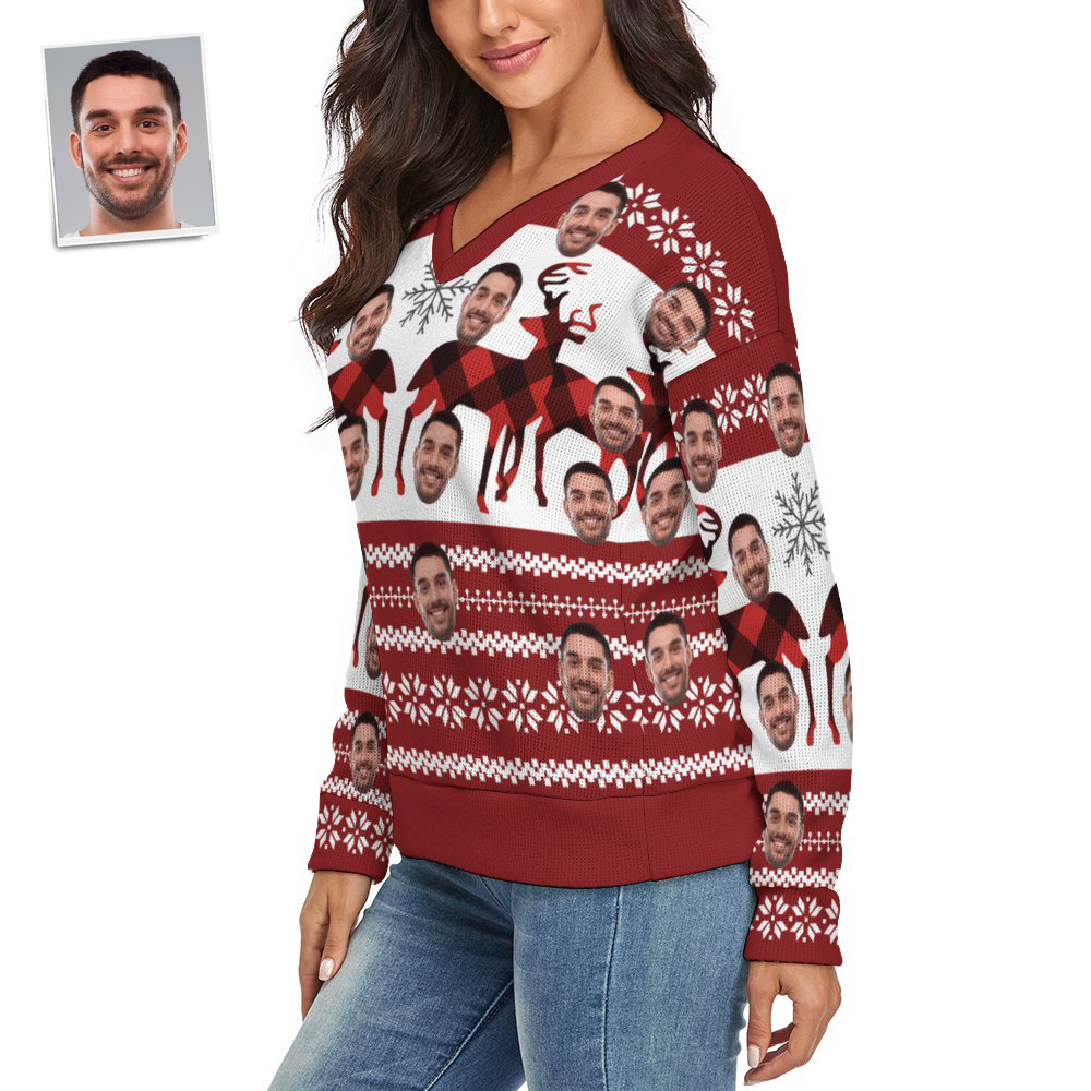 Custom Face Women V-Neck Christmas Sweater Christmas Elk Spandex Comfortable - MyFaceSocksAu
