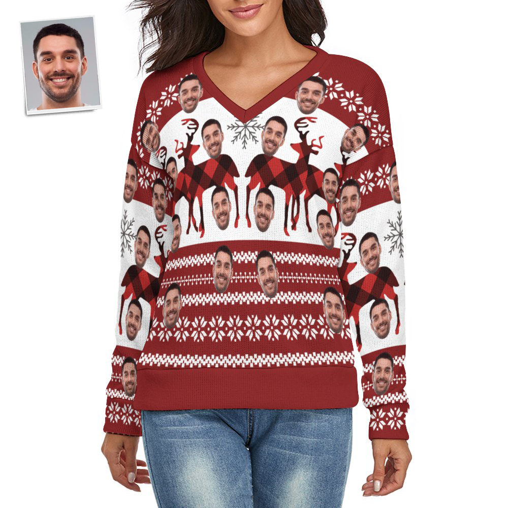 Custom Face Women V-Neck Christmas Sweater Christmas Elk Spandex Comfortable - MyFaceSocksAu