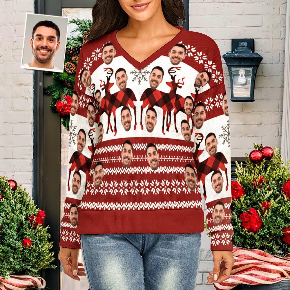Custom Face Women V-Neck Christmas Sweater Christmas Elk Spandex Comfortable - MyFaceSocksAu