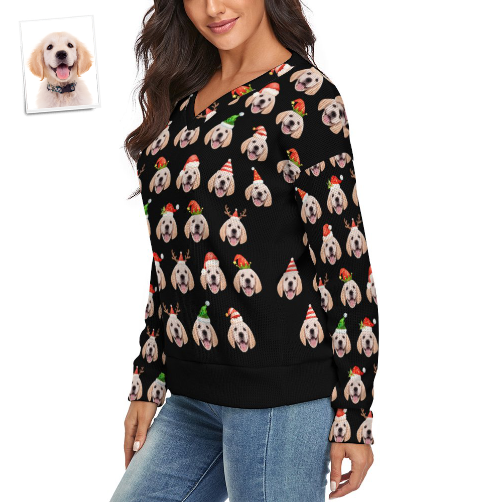 Custom Face Women V-Neck Christmas Pet Theme Sweater Spandex Comfortable - MyFaceSocksAu
