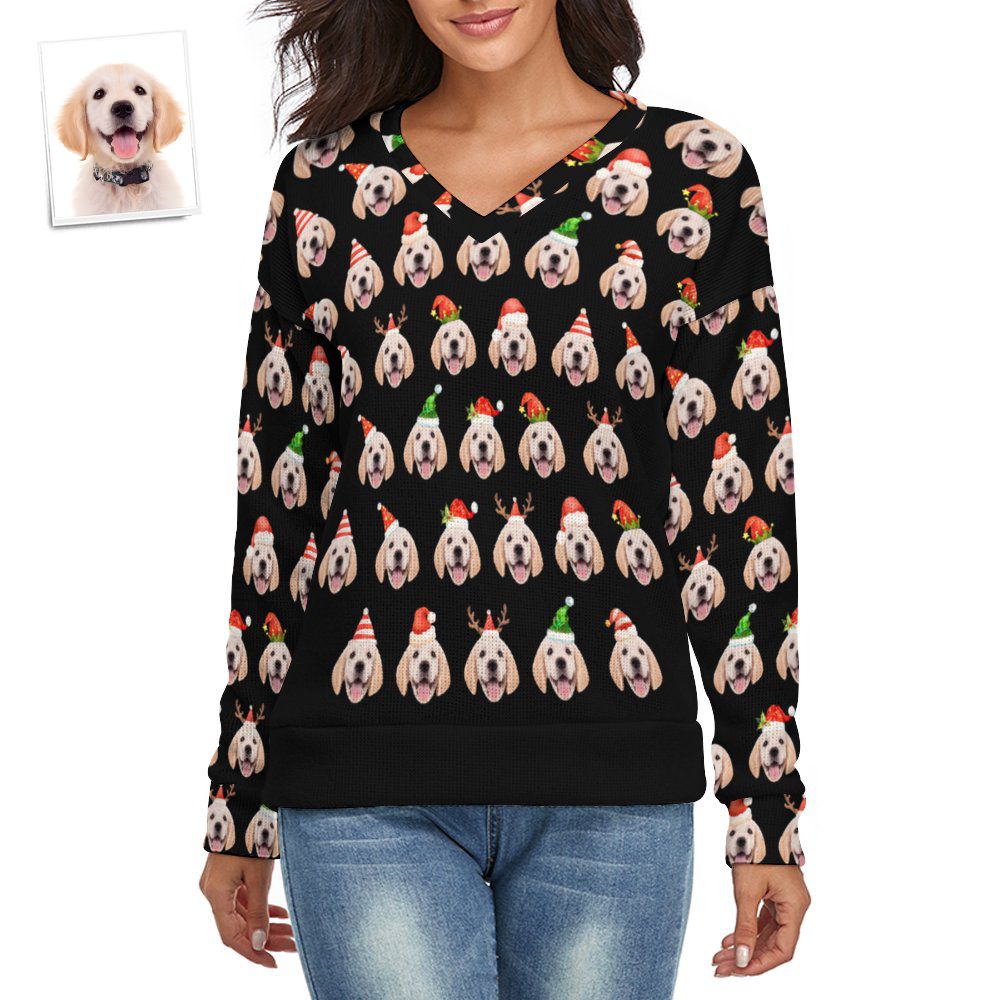 Custom Face Women V-Neck Christmas Pet Theme Sweater Spandex Comfortable - MyFaceSocksAu