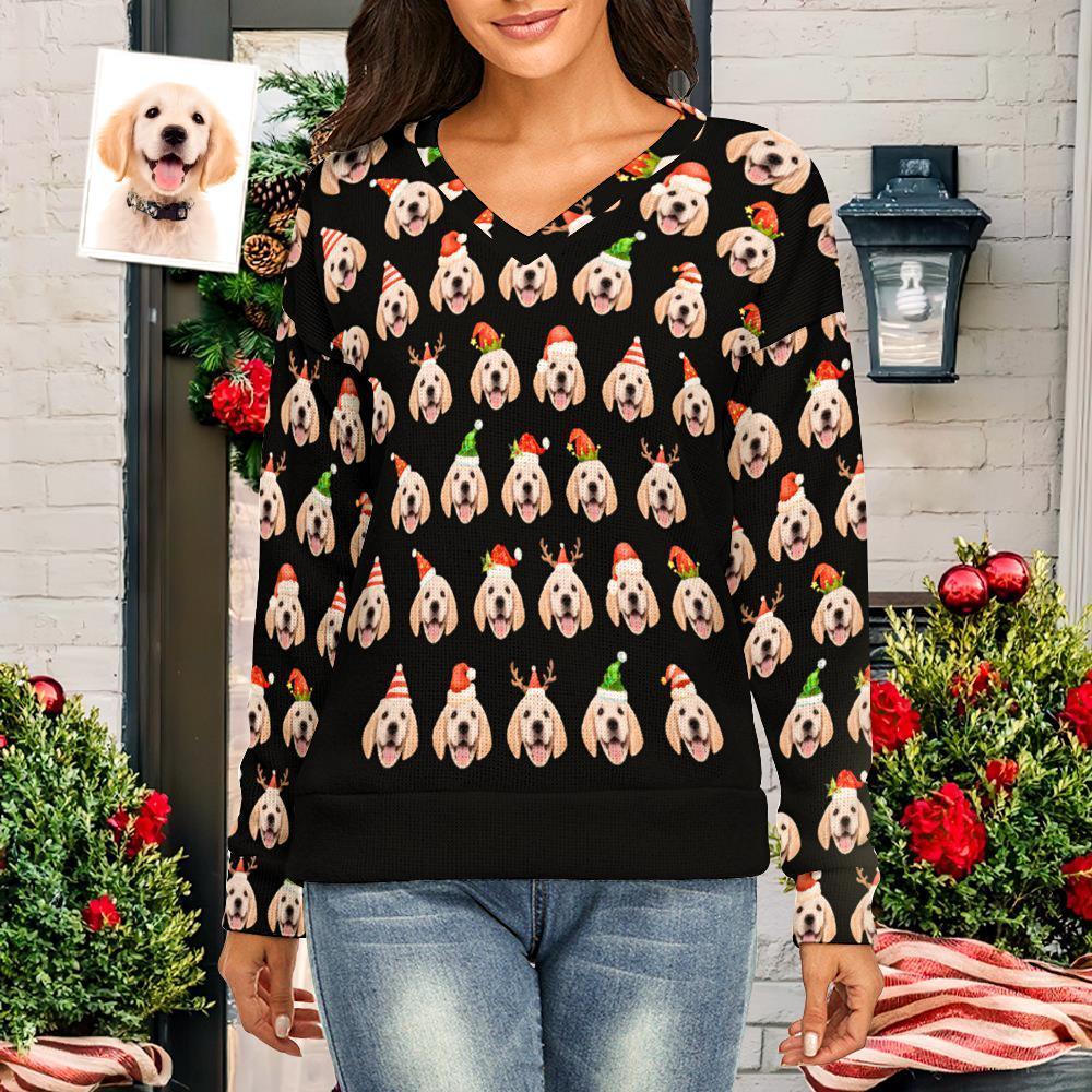 Custom Face Women V-Neck Christmas Pet Theme Sweater Spandex Comfortable - MyFaceSocksAu