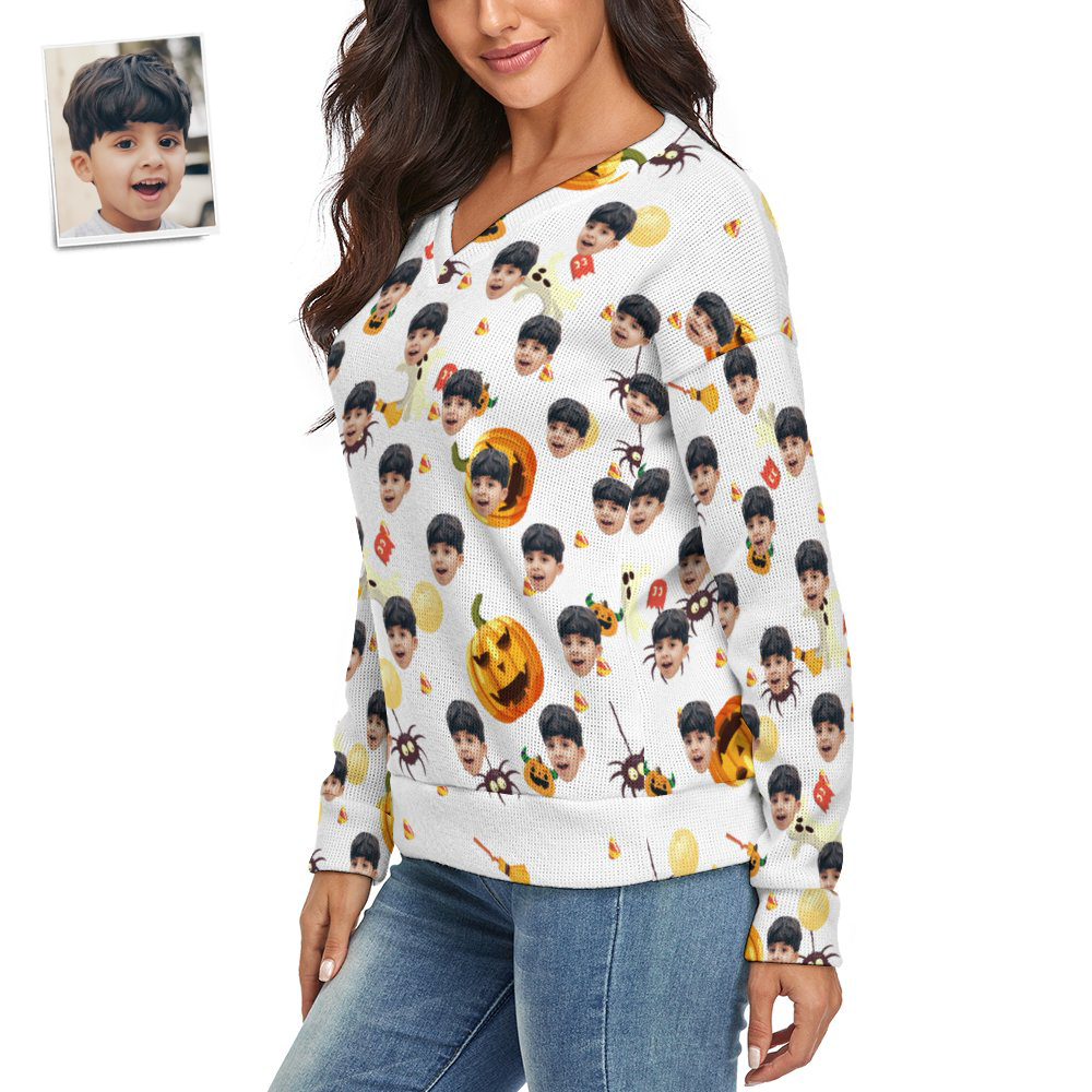 Custom Face Women V-Neck Halloween Sweater Halloween Pumpkin Theme Spandex Comfortable - MyFaceSocksAu