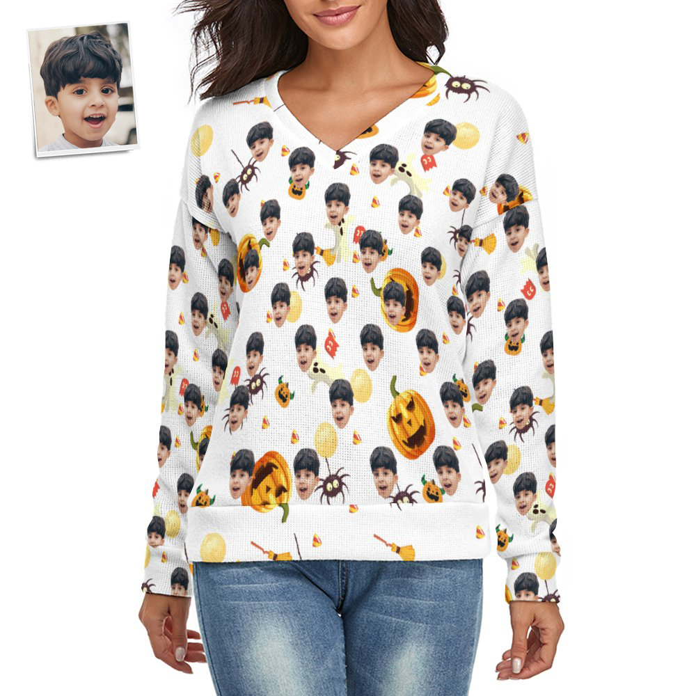 Custom Face Women V-Neck Halloween Sweater Halloween Pumpkin Theme Spandex Comfortable - MyFaceSocksAu