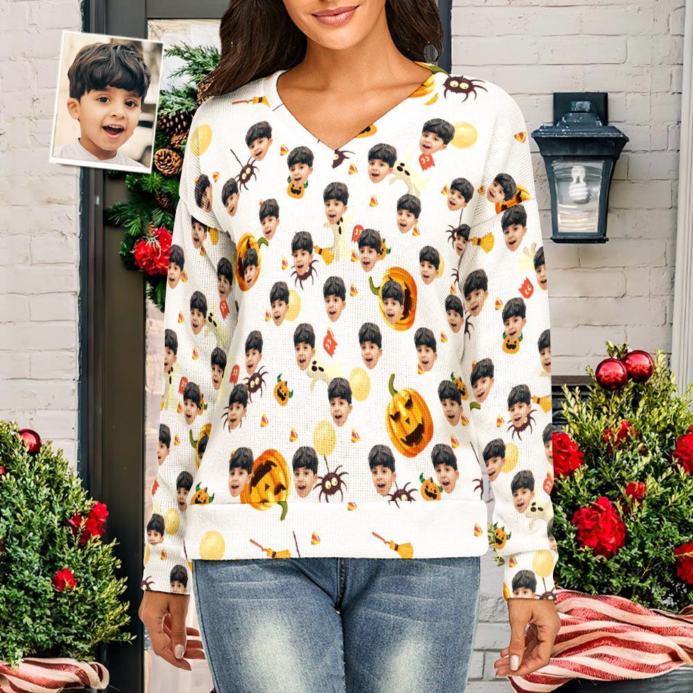 Custom Face Women V-Neck Halloween Sweater Halloween Pumpkin Theme Spandex Comfortable - MyFaceSocksAu