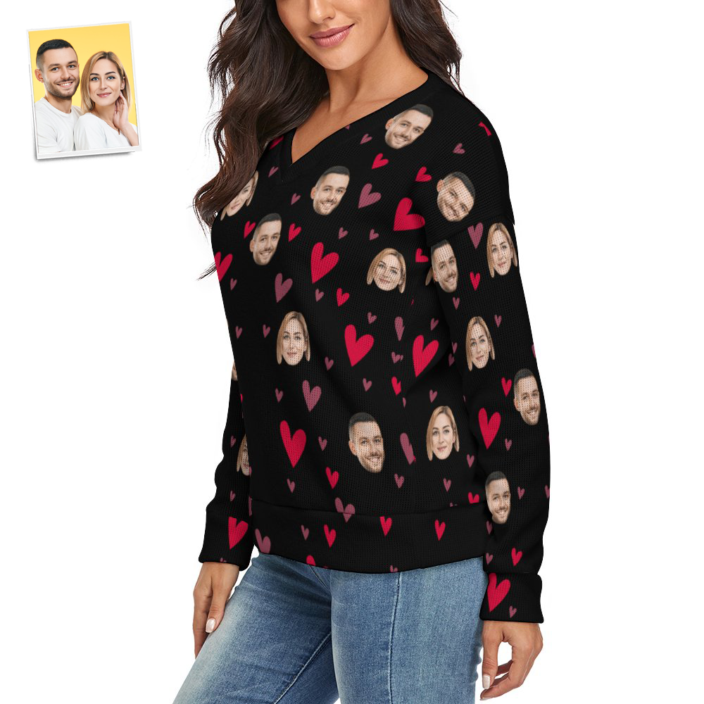 Custom Face Women V-Neck Sweater With Little Heart Couple Theme Spandex Comfortable - MyFaceSocksAu
