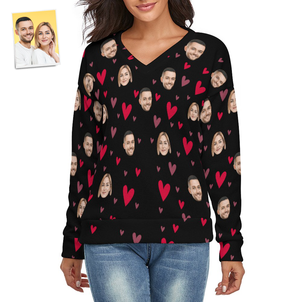 Custom Face Women V-Neck Sweater With Little Heart Couple Theme Spandex Comfortable - MyFaceSocksAu