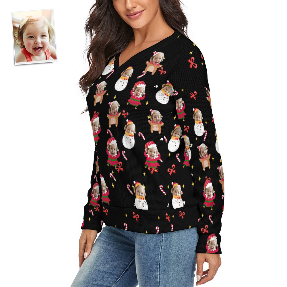 Custom Face Women V-Neck Christmas Sweater Lively And lovely Spandex Comfortable - MyFaceSocksAu