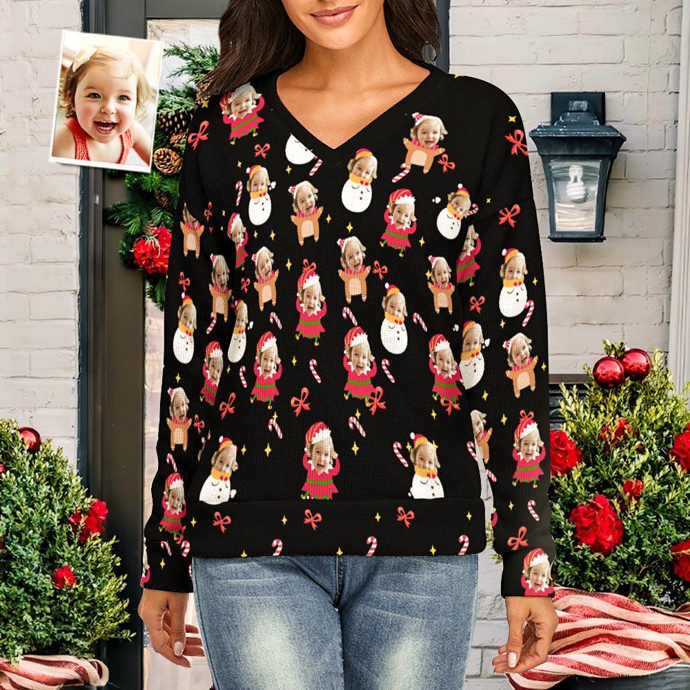 Custom Face Women V-Neck Christmas Sweater Lively And lovely Spandex Comfortable - MyFaceSocksAu