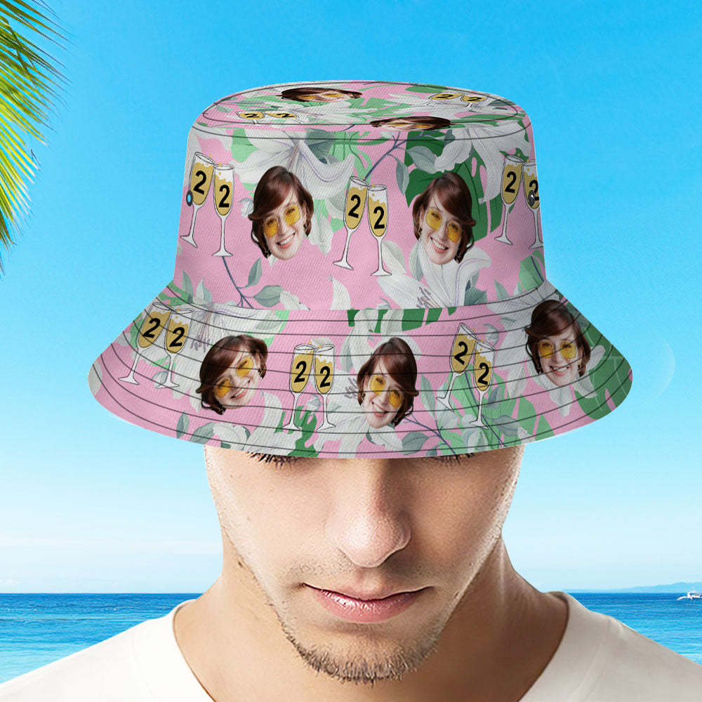 Custom Face Bucket Hat Number in Wine Glass Pink And Green Sleeves Face Bucket Hat Gift for Him - MyFaceSocksAu