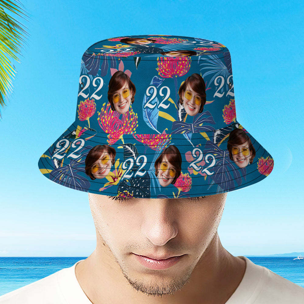 Custom Face Bucket Hat Number and Face hat Dark Blue Sleeves and Pink Flowers - MyFaceSocksAu