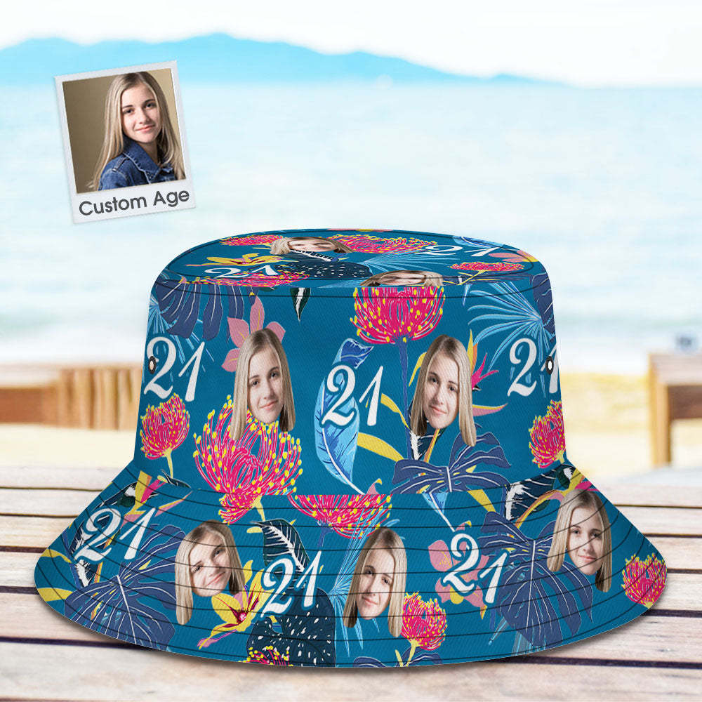 Custom Face Bucket Hat Number and Face hat Dark Blue Sleeves and Pink Flowers - MyFaceSocksAu