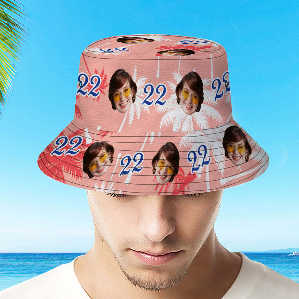 Custom Face And Number Birthday Bucket Hat Red And White Coconut Tree Hat - MyFaceSocksAu